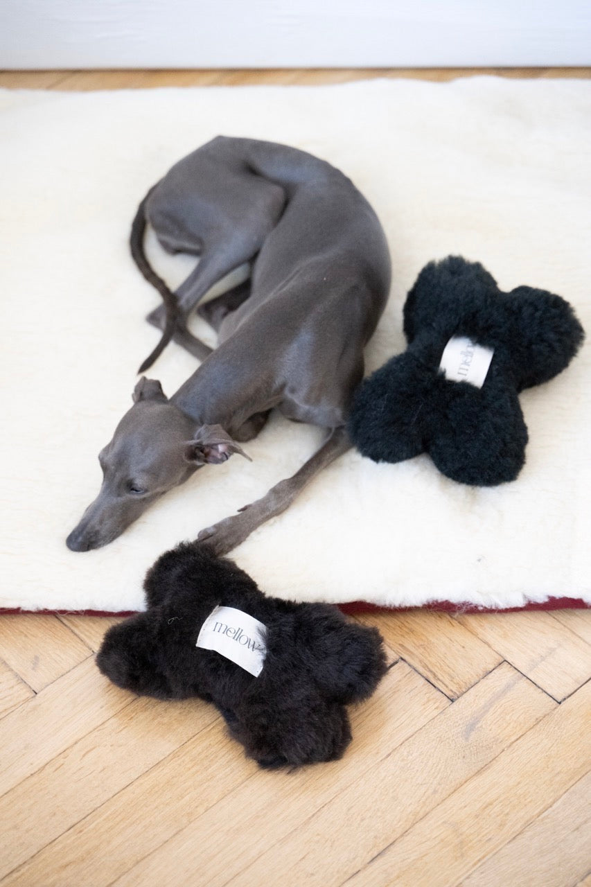 Natural Sheepskin Dog Toy - Bone - Black-1