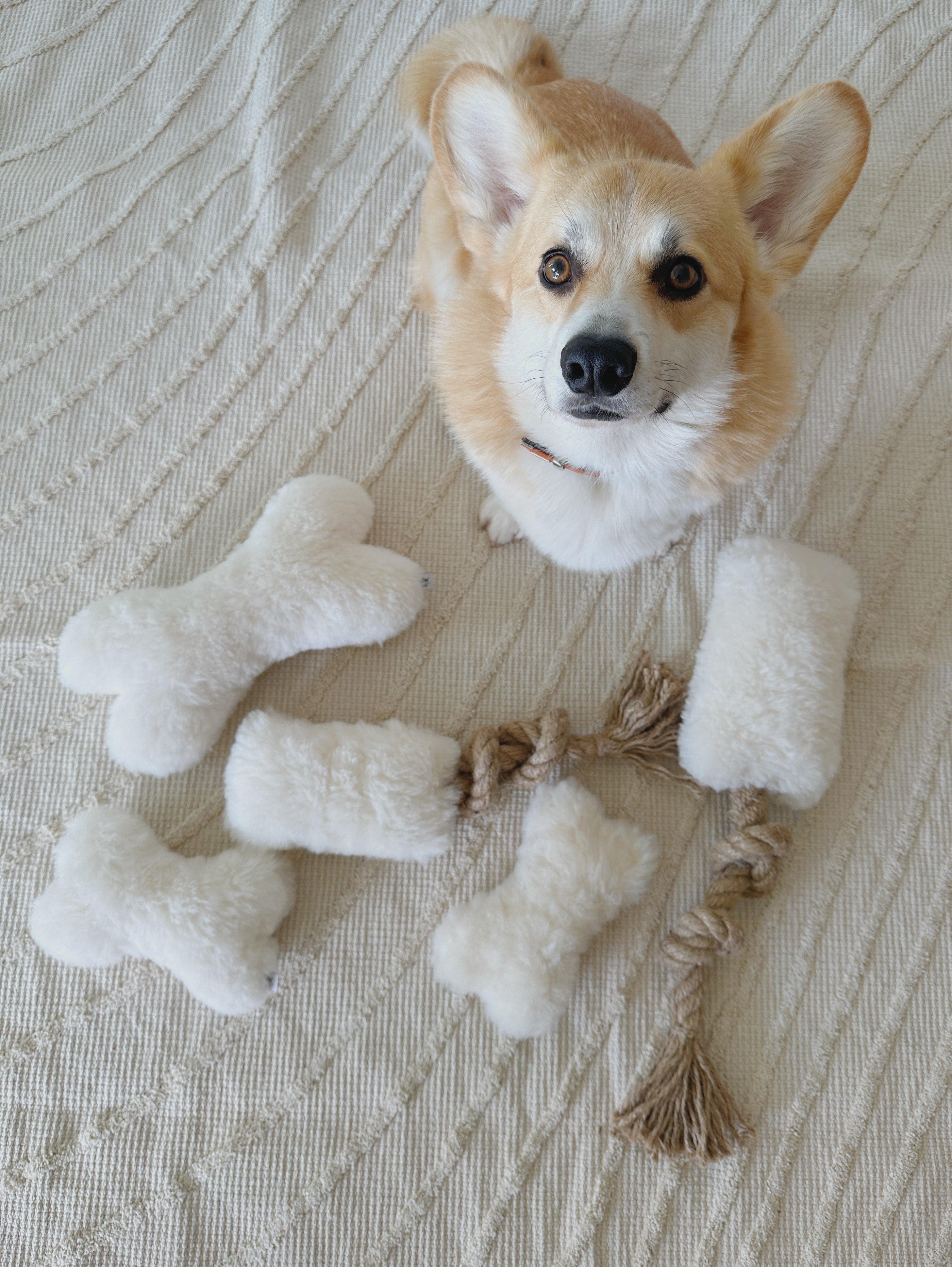Natural Sheepskin Dog Toy - Bone - Black-4